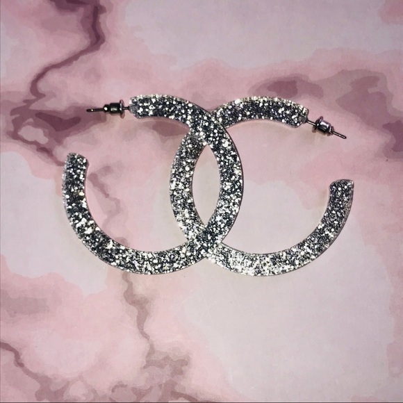 Silver Fun Plastic Glitter Hoop Earrings - Picture 2 of 7